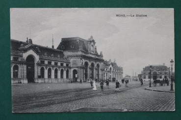 Postcard PC Mons 1918 La Station railway station architecture Belgium Belgie
